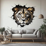 Realistic lion wall decal with a cracked-wall safari illusion