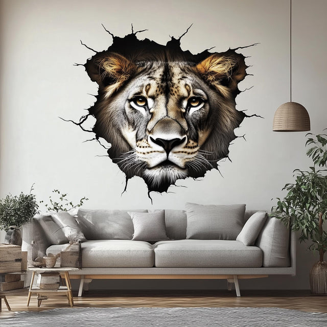 Realistic lion wall decal with a cracked-wall safari illusion