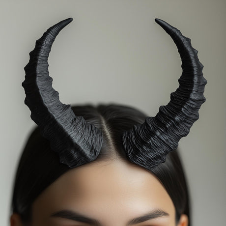 Textured 3D printed costume horns displayed on a model.