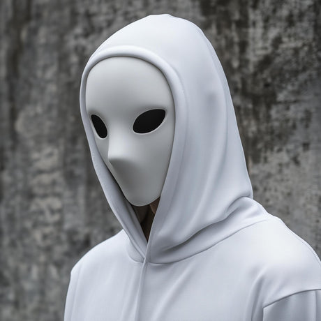 Minimalist 3D printed phantom mask with a smooth faceless surface and narrow eye openings.