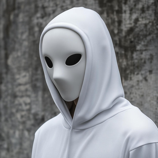 Minimalist 3D printed phantom mask with a smooth faceless surface and narrow eye openings.