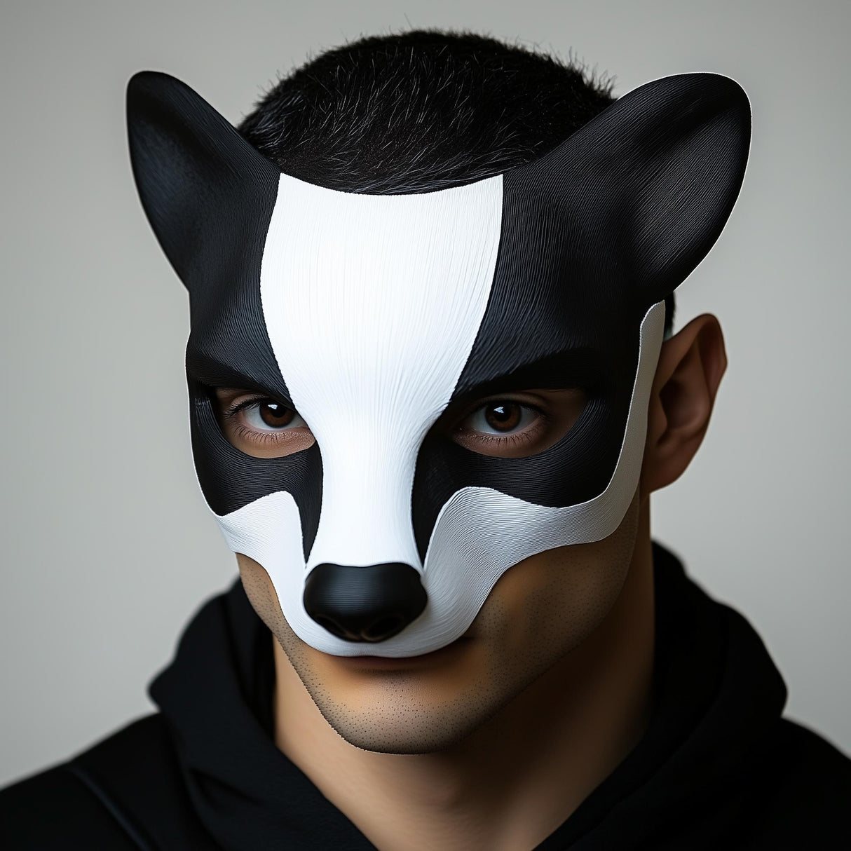 Badger-inspired 3D printed half mask with rounded ears and sculpted animal facial features.