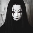 3D printed Japanese ghost spirit mask with a pale face and haunting theatrical expression.