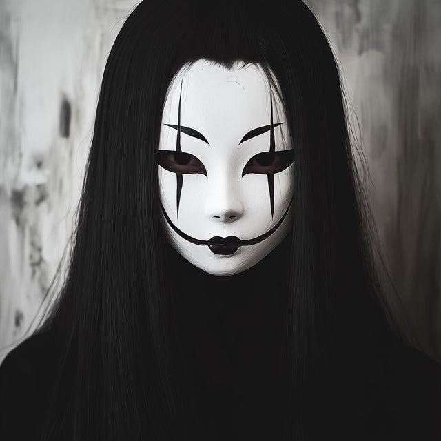 3D printed Japanese ghost spirit mask with a pale face and haunting theatrical expression.