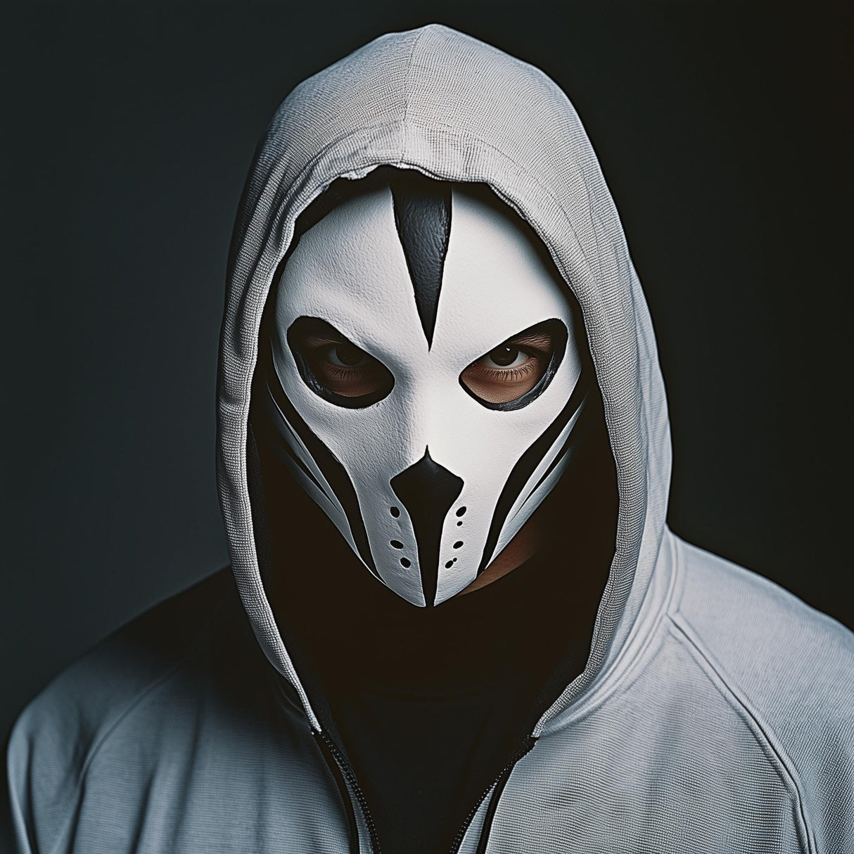 3D printed tactical phantom mask with angular eye openings and layered stealth-style facial panels.
