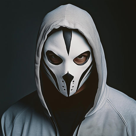 3D printed tactical phantom mask with angular eye openings and layered stealth-style facial panels.