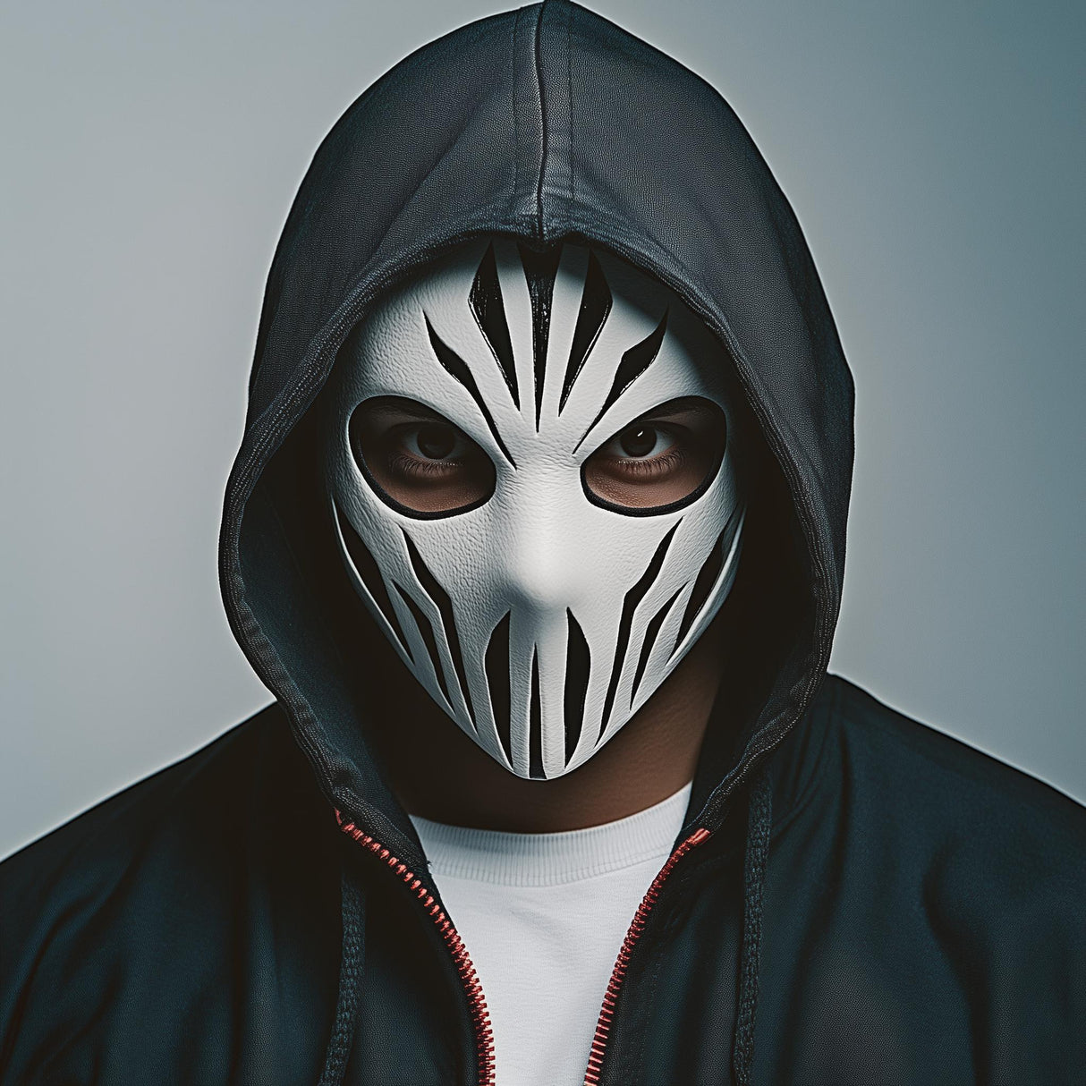 3D printed skull assassin mask with skeletal cheek contours and cyberpunk tactical detailing.