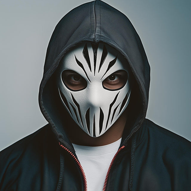 3D printed skull assassin mask with skeletal cheek contours and cyberpunk tactical detailing.