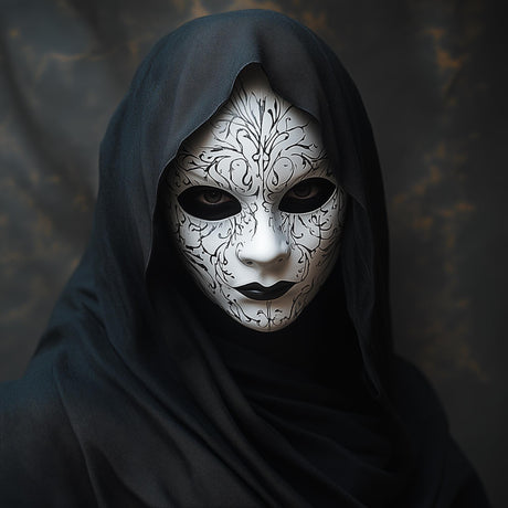 3D printed Gothic masquerade half mask with ornate raised patterns and Venetian-inspired contours.