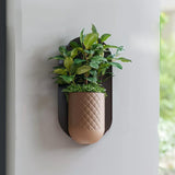 Textured 3D printed wall planter with a concealed mounting form and small indoor plant.