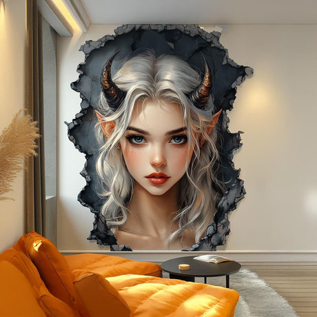 Blue-eyed fantasy elf wall decal emerging through a cracked wall