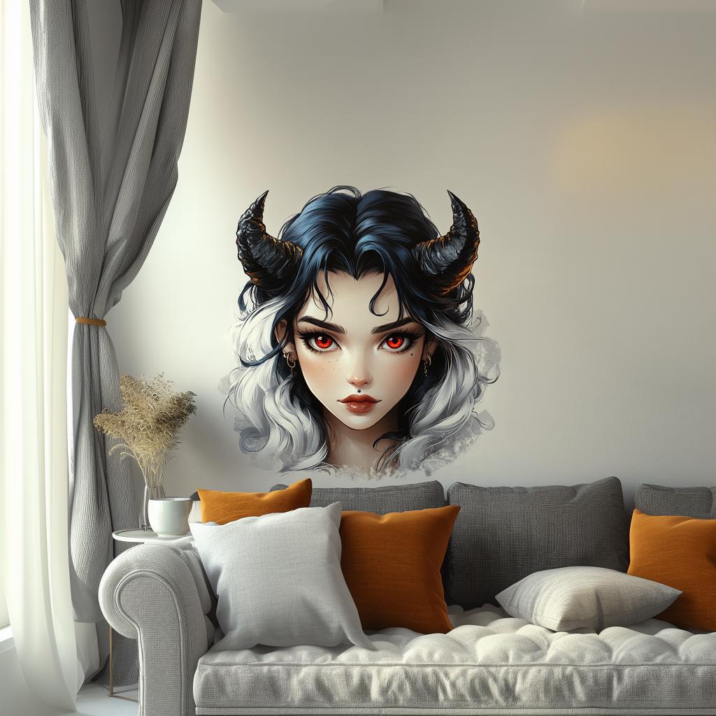 Additional product view of the fantasy horned character wall decal.