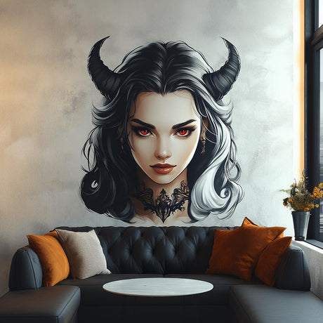 Dark fantasy horned character portrait wall decal displayed in a room setting.