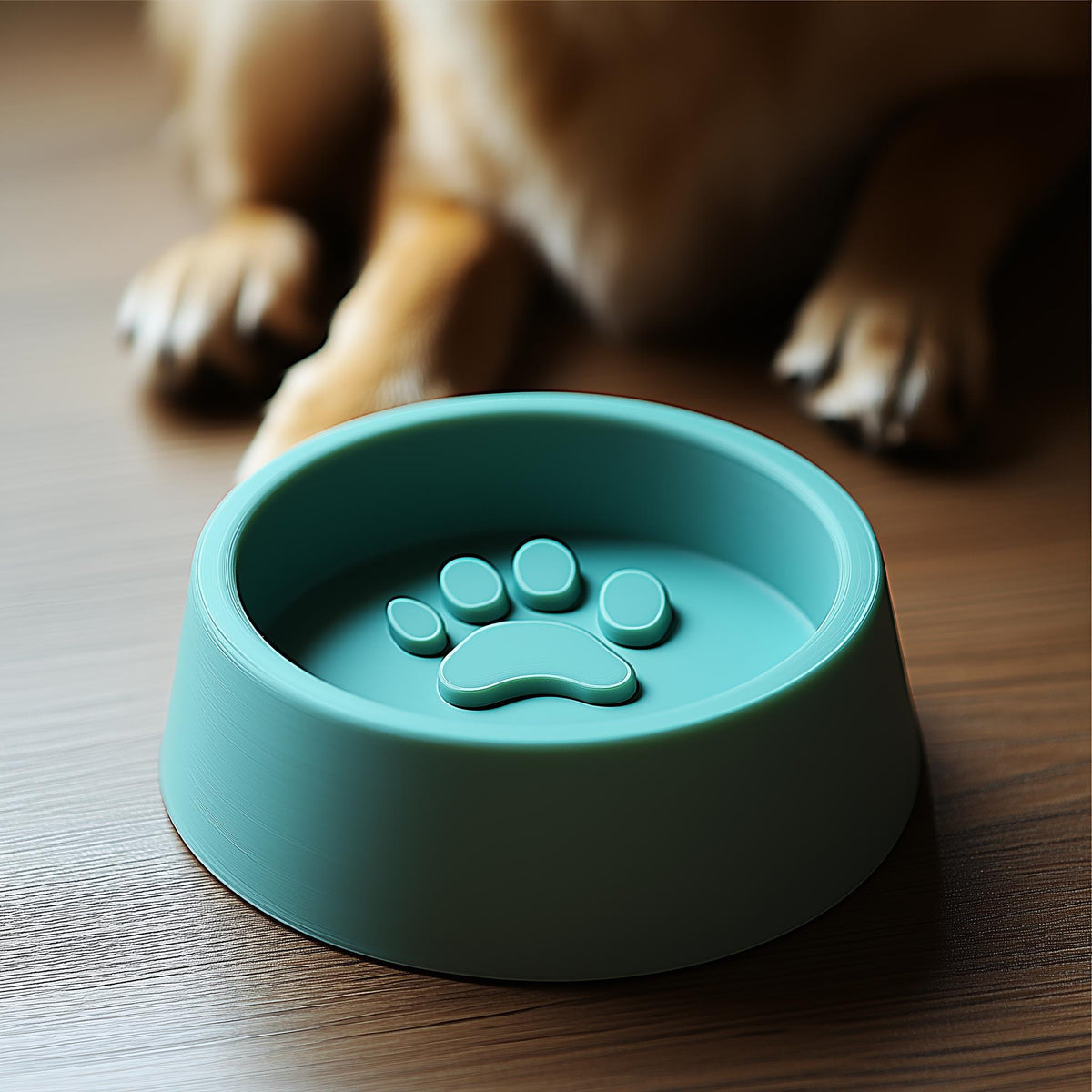 3D printed modern dog bowl in teal with raised paw print design.