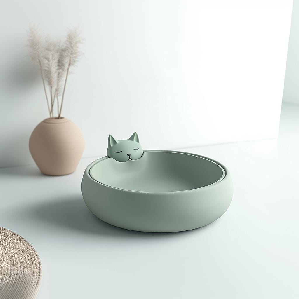 Cute 3D printed cat bowl in mint green, featuring a minimalist sleeping cat design.