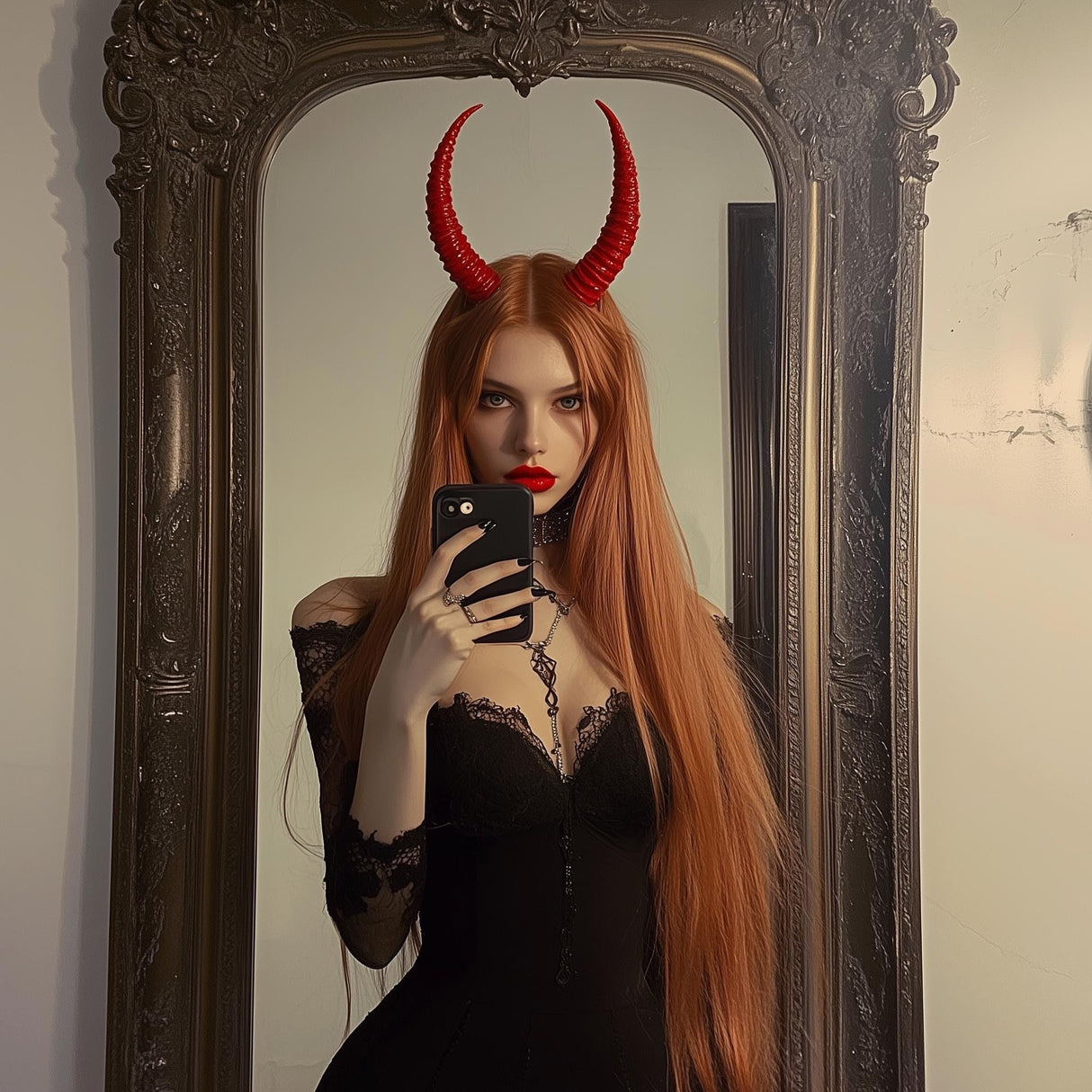 Product presentation view of 3D Printed Dragon Demon Horns Headband.