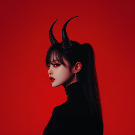 Curved fantasy costume horns displayed on a model.