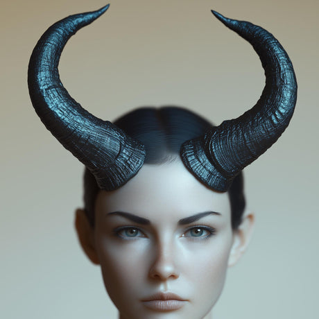 Curved 3D printed costume horns displayed on a model.