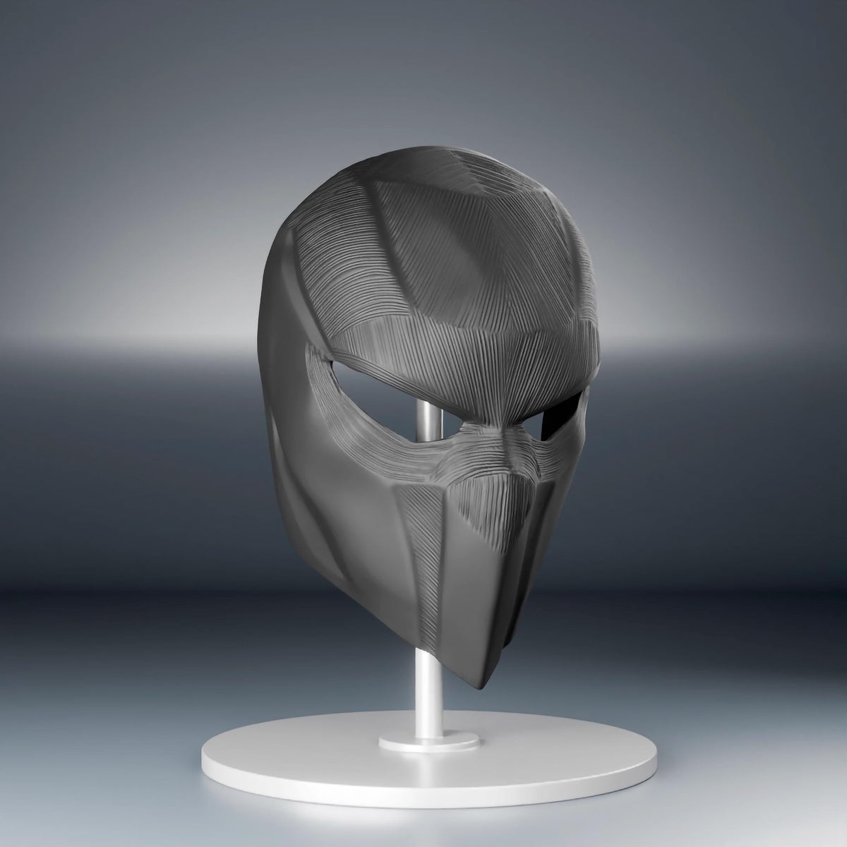 Black 3D printed futuristic tactical face mask with angular panels and narrow eye openings.