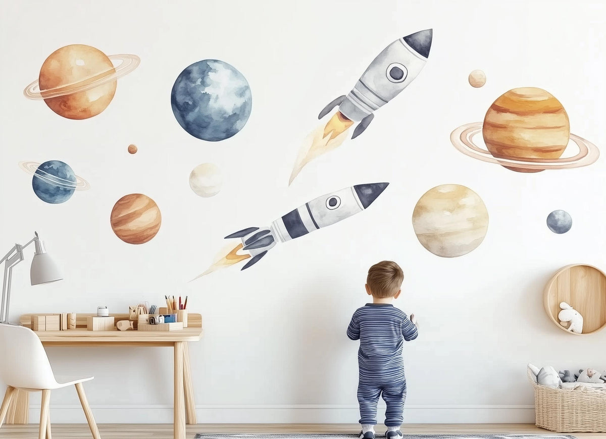Alternate product view of Rocket Space Wall Decals for Kids.