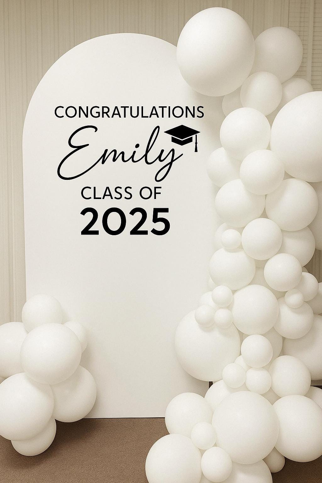 Personalized graduation decal example with a graduate name and year on a balloon backdrop.
