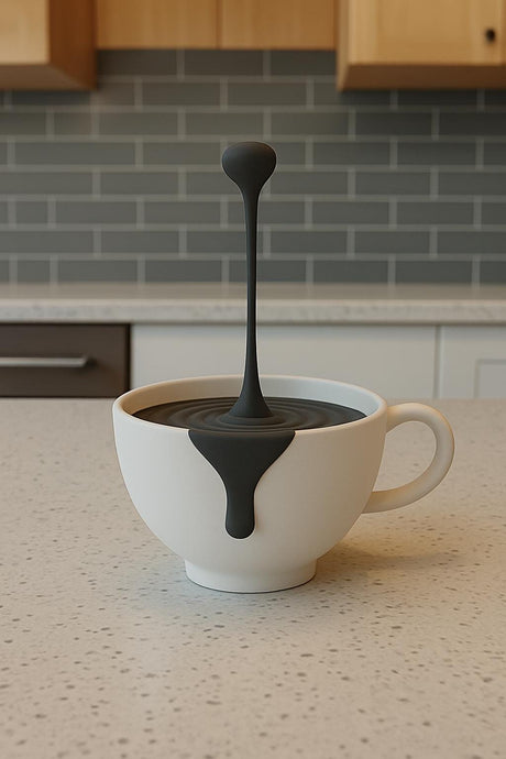 3D printed floating coffee-drop sculpture with a drip effect running down the cup.