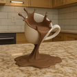 3D printed coffee-splash illusion sculpture with a cup suspended above a sculpted coffee stream.