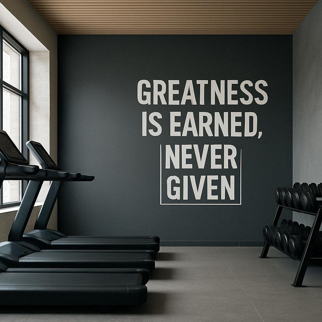 Motivational gym wall decal saying 'Greatness is earned, never given' in modern design.