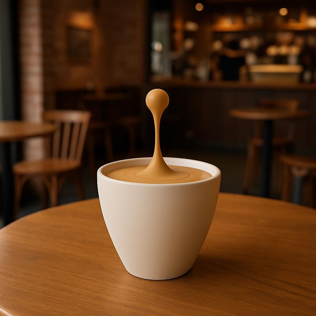 Additional product presentation of 3D Printed Floating Coffee Drop Sculpture.