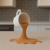 3D printed spilled espresso sculpture with a tilted cup above a broad splash-shaped base.