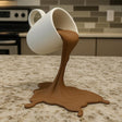 3D printed floating coffee cup illusion with a pouring stream connecting the cup to the base.
