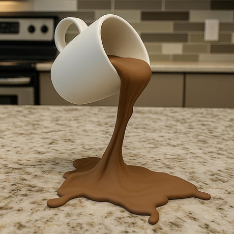 3D printed floating coffee cup illusion with a pouring stream connecting the cup to the base.