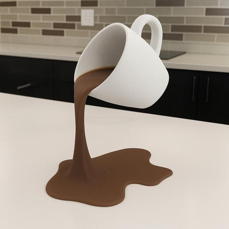 3D printed floating coffee cup sculpture with a suspended pouring stream and spill-shaped base.