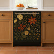 A dishwasher in a cozy, warm-toned kitchen with a decorative front cover.