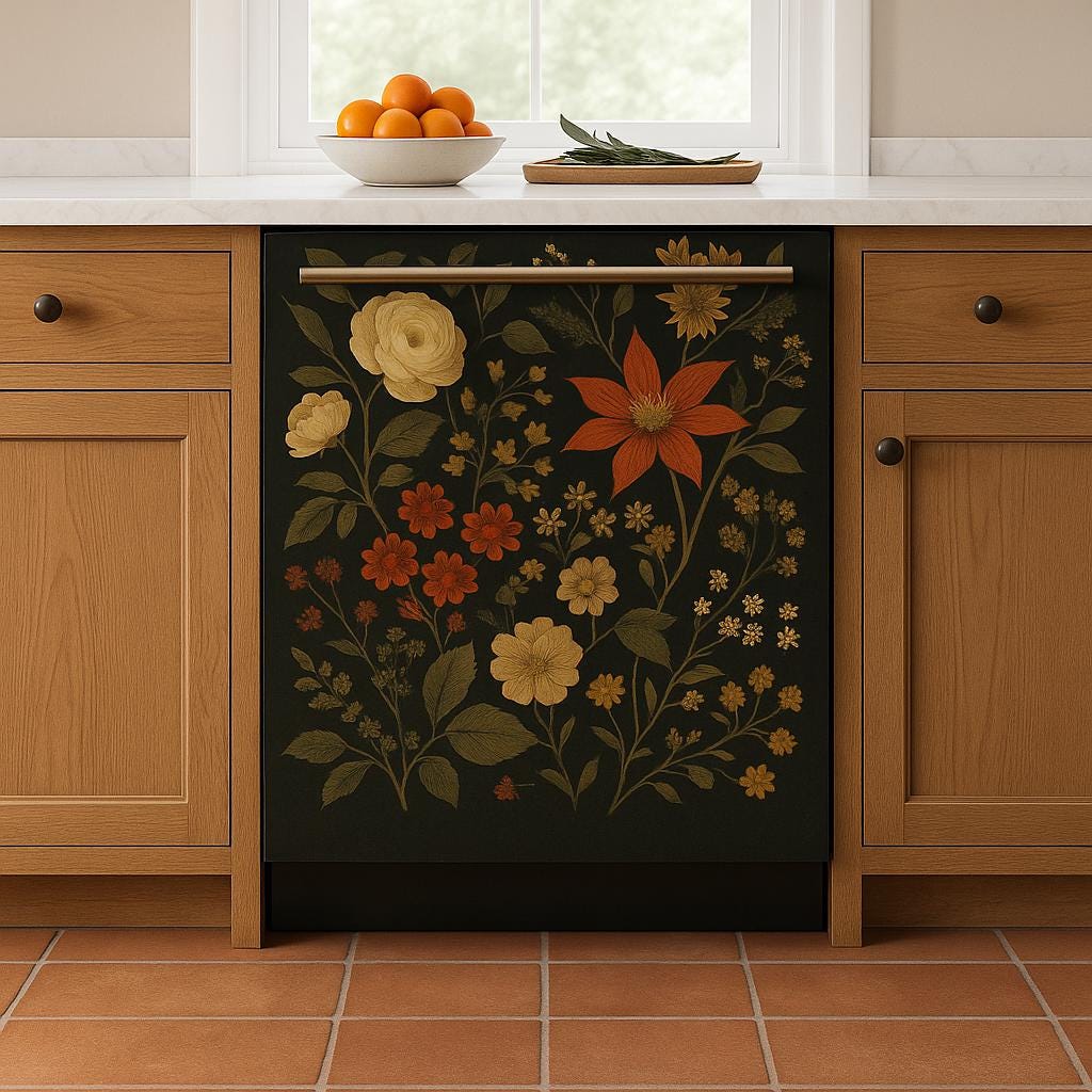 A dishwasher in a cozy, warm-toned kitchen with a decorative front cover.