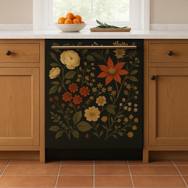 A dishwasher in a cozy, warm-toned kitchen with a decorative front cover.