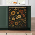 Dishwasher front panel in a modern green kitchen with a vintage floral design featuring sunflowers and marigolds.