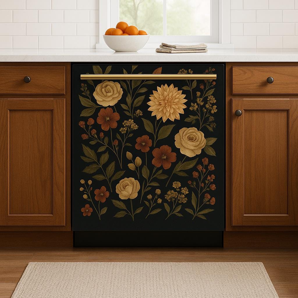 Product detail view of Dark Floral Dishwasher Cover.
