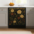 A cozy kitchen with a soft gray cabinet layout and a dishwasher decorated with a dark floral decal.