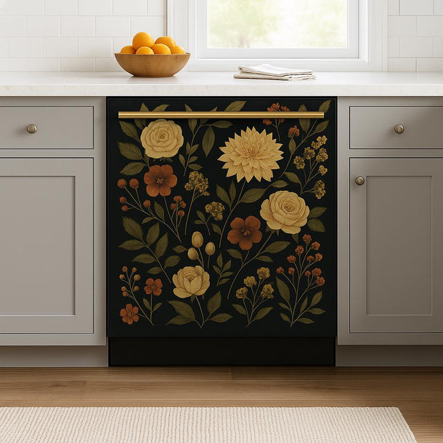 A cozy kitchen with a soft gray cabinet layout and a dishwasher decorated with a dark floral decal.