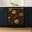 A navy kitchen features a dishwasher panel wrapped in a dark floral decal with detailed illustrations of vintage roses.