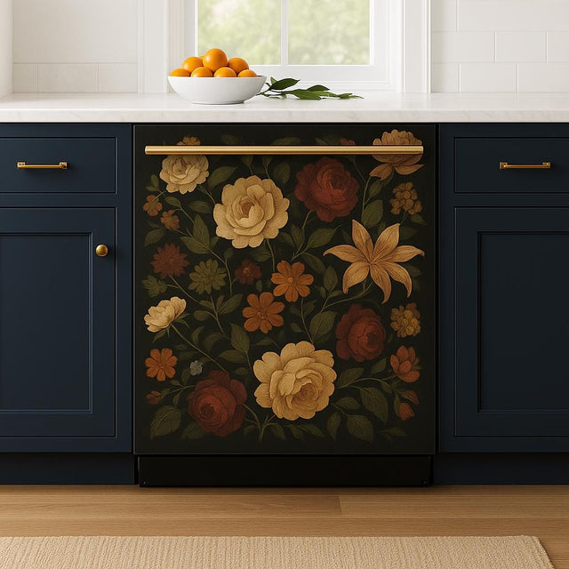 A navy kitchen features a dishwasher panel wrapped in a dark floral decal with detailed illustrations of vintage roses.