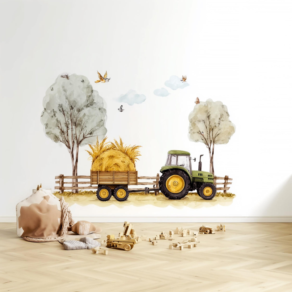 Alternate product view of Farm Tractor Wall Decal with Hay Bale Trailer.