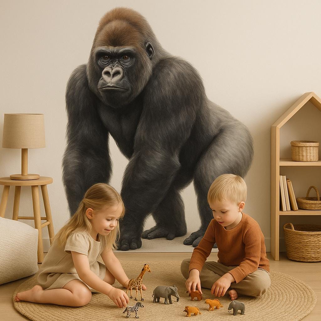 A children's playroom with a large, realistic gorilla wall decal on a beige wall.