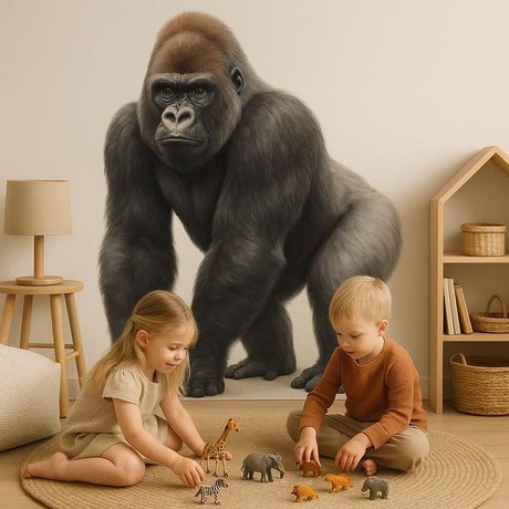 A children's playroom with a large, realistic gorilla wall decal on a beige wall.