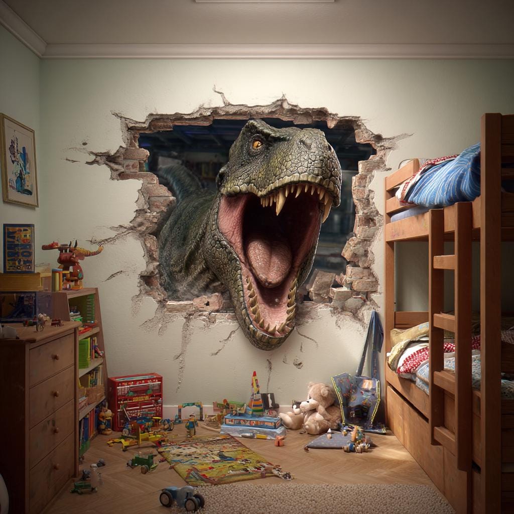 Hyper-realistic wall decal of a roaring T-Rex bursting through a faux brick hole in a child’s bedroom wall.