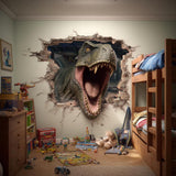 Hyper-realistic wall decal of a roaring T-Rex bursting through a faux brick hole in a child’s bedroom wall.