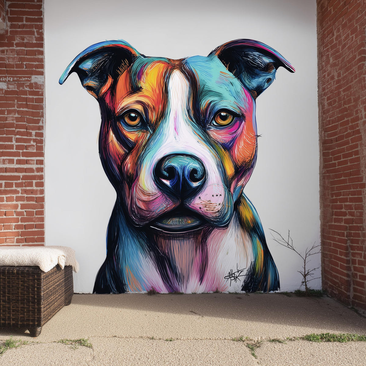 Large, colorful pitbull wall decal in an expressive street-art style.