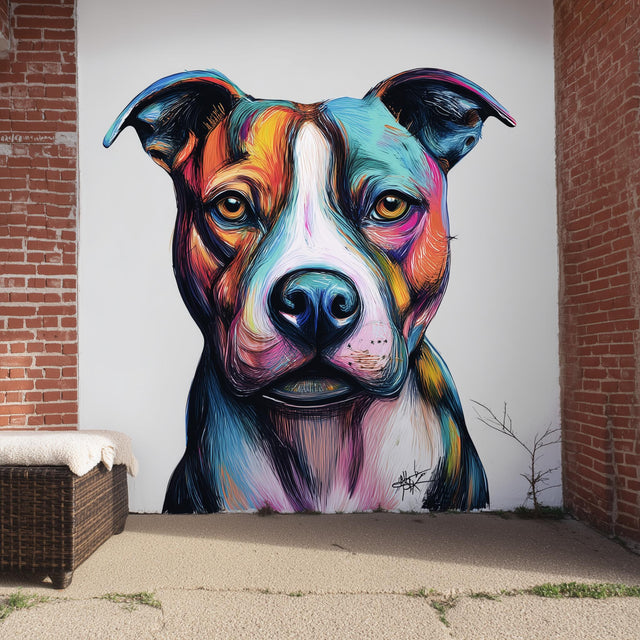 Large, colorful pitbull wall decal in an expressive street-art style.