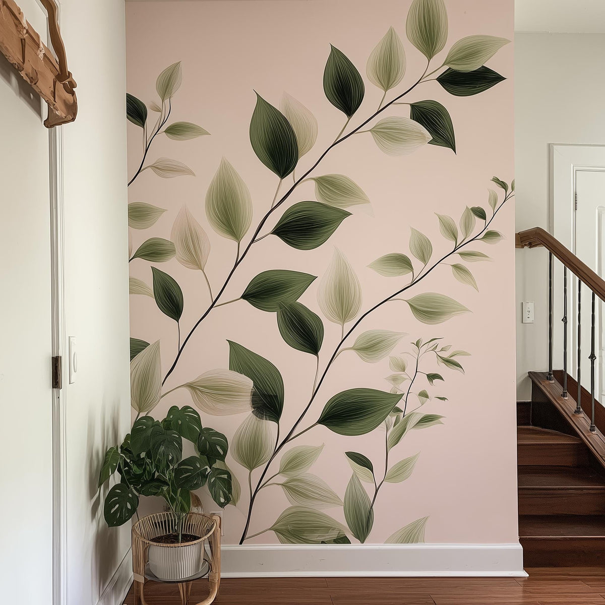 Vertical Vine Leaf Wall Decal displayed in a room setting.